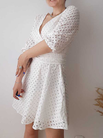 Woochic robe courte unicolore ceinture v-cou manches au coude doux